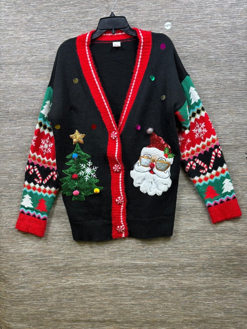 Holiday Time Christmas Cardigan Sweater Womens Size L Black Red Ugly Holiday